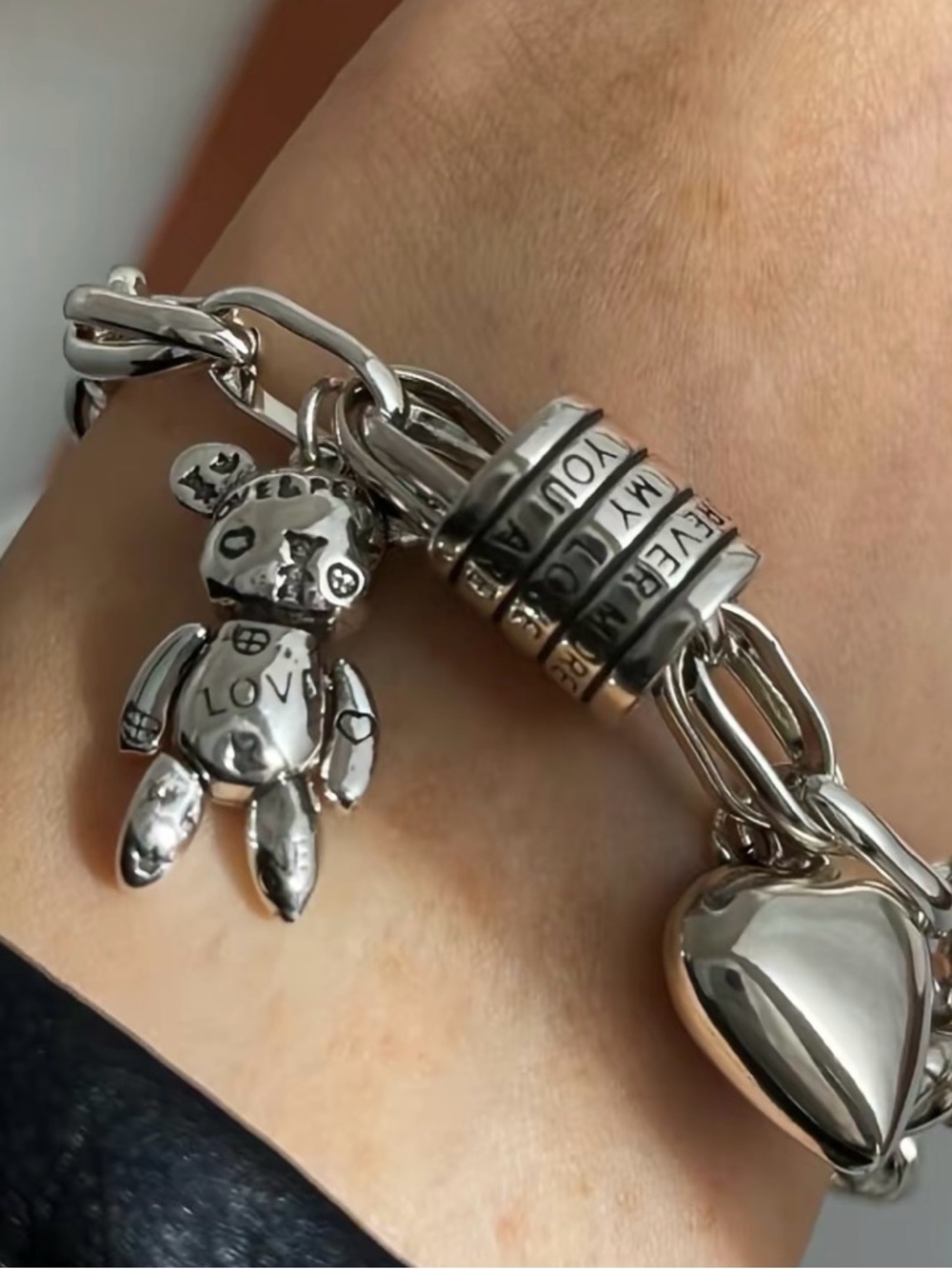 Sterling Silver Heart & Teddy Charm Bracelet - Silver Tone Women's Bracelet